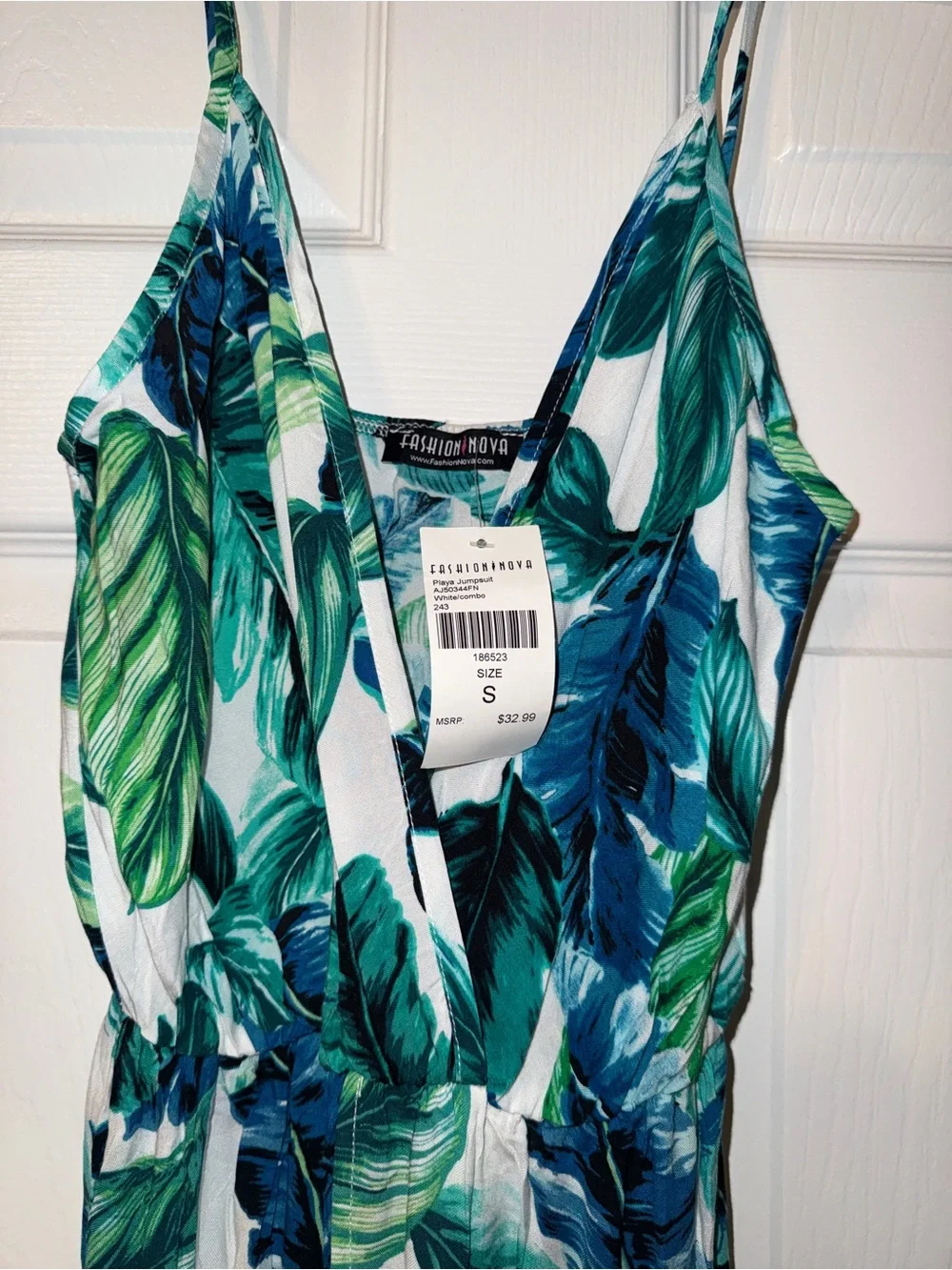 Fashion Nova Green & Blue Tropical Leaf Jumpsuit Romper